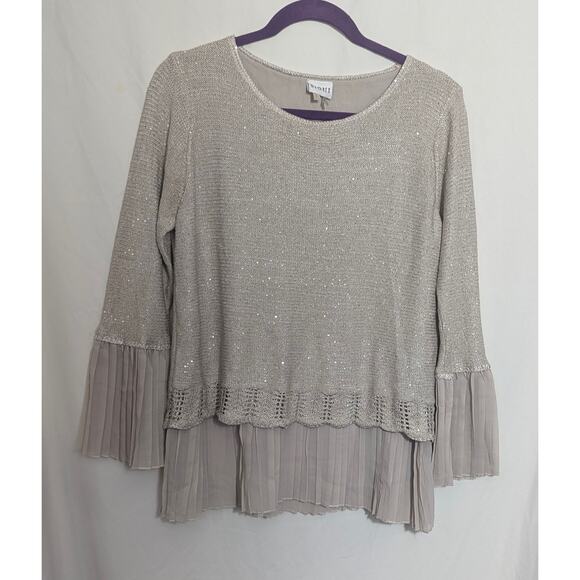 Sioni Gray Beige Sequin Knit Pleated Trim Sweater Size Large - Picture 1 of 5